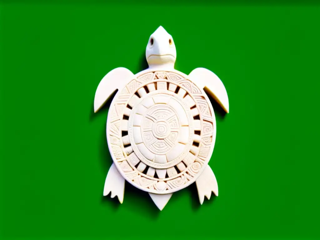 Escultura maya de tortuga: arte y simbolismo Escultura maya detallada de una tortuga con símbolos en su caparazón, rodeada de exuberante vegetación