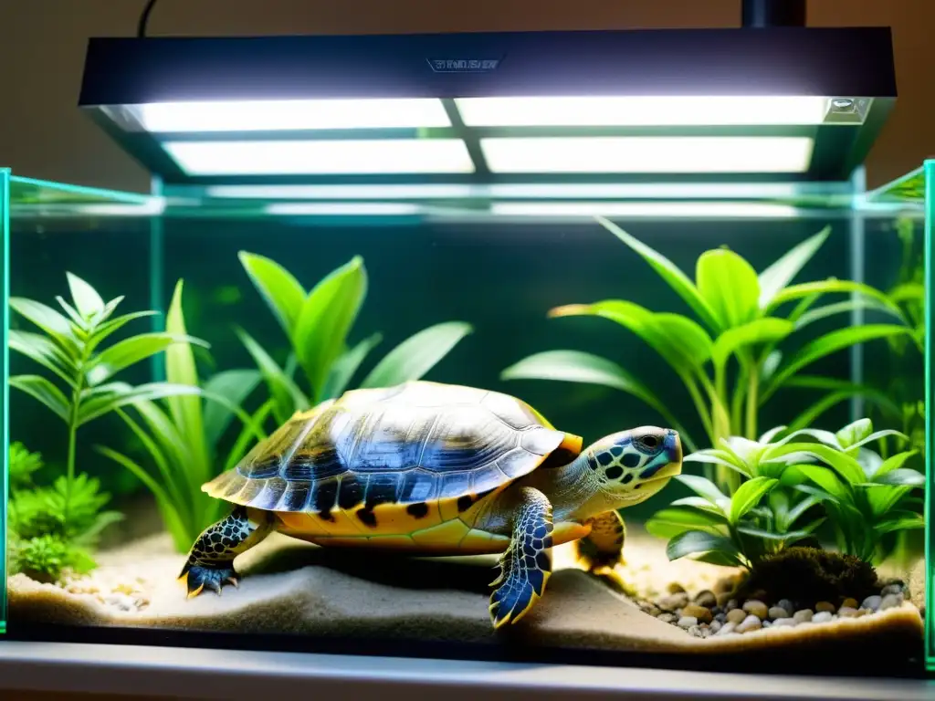 Espacioso hábitat interior para la reproducción de tortugas en cautiverio, con luz UVB, plantas vivas y cuidada limpieza