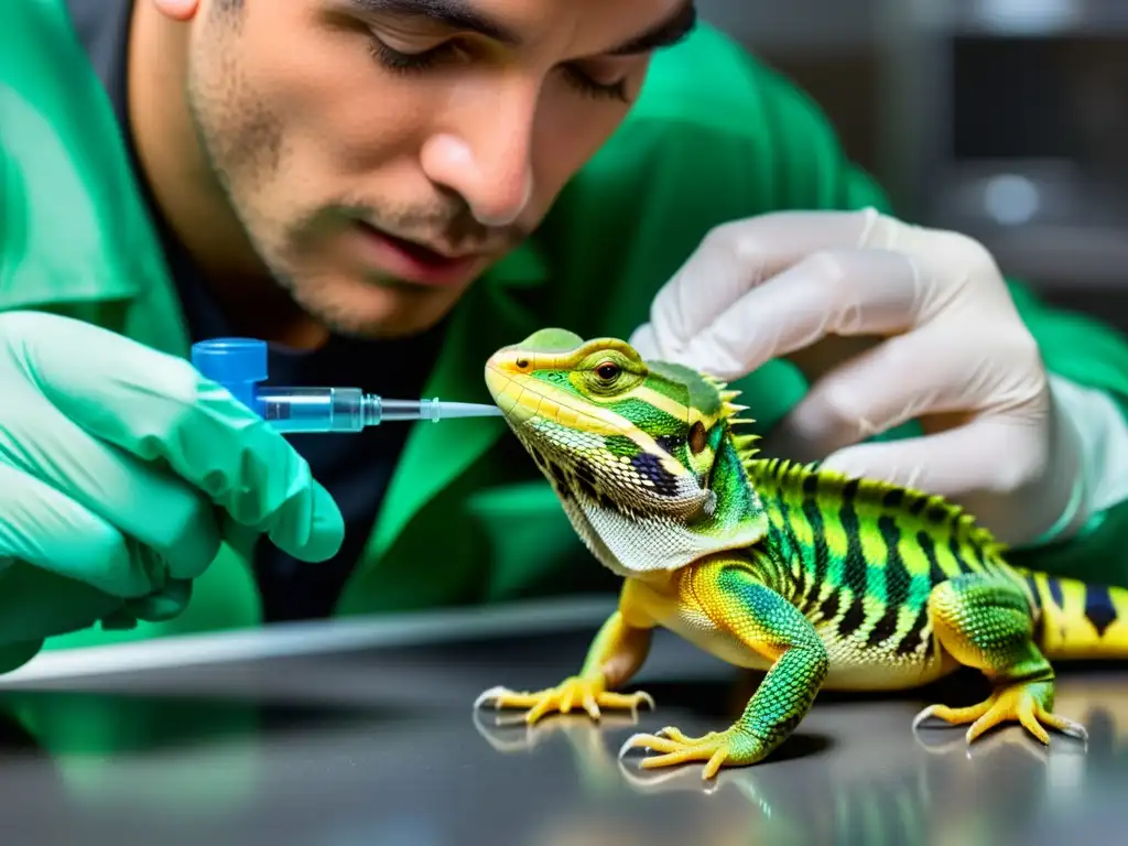 Un especialista en reptiles administra comida líquida a un pequeño reptil con una jeringa