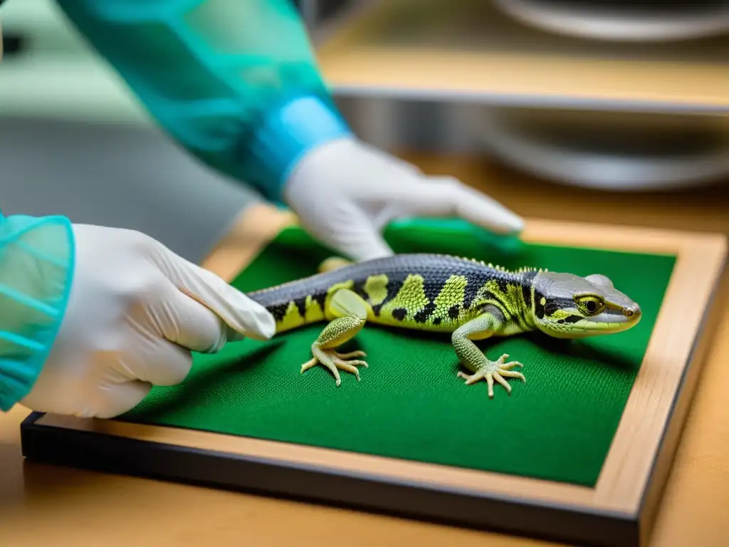 Un especialista en reptiles coloca con cuidado un dispositivo de monitorización remota de salud en la piel de un reptil, mostrando detalle en las escamas y la concentración del especialista