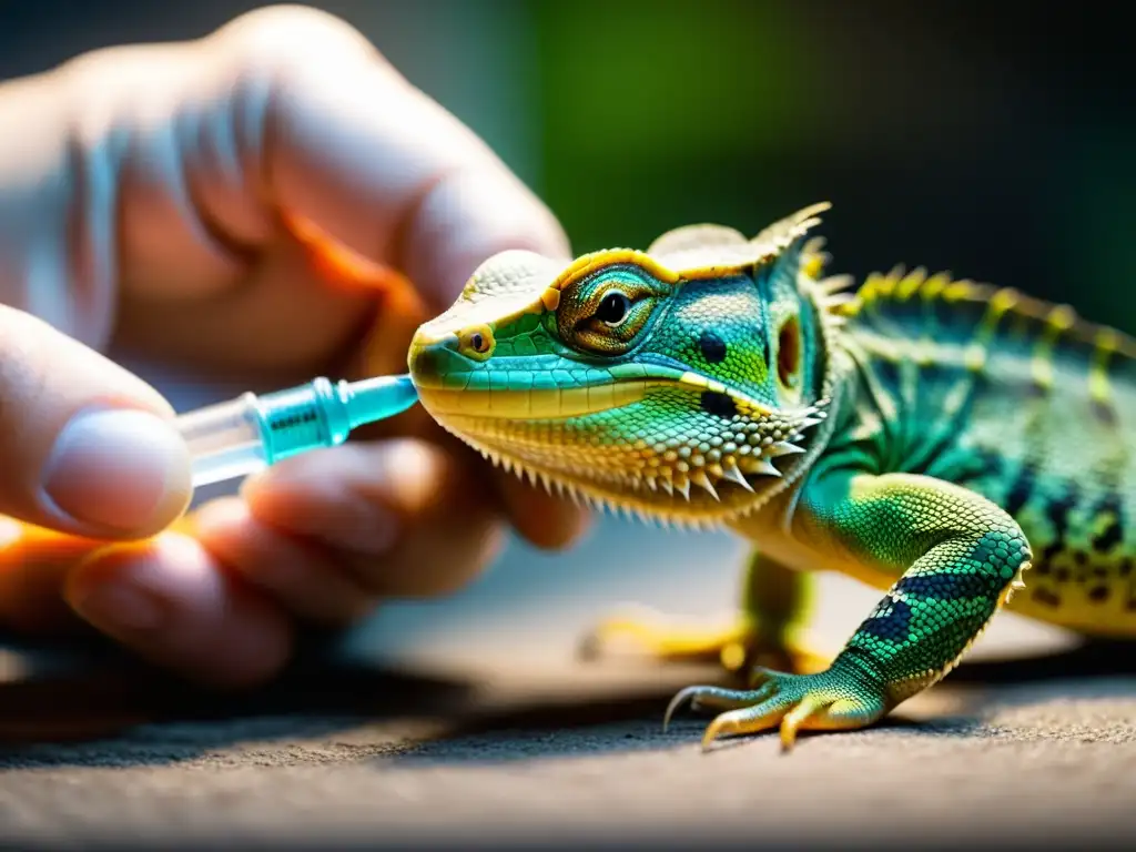 Un especialista en reptiles alimenta con cuidado a un pequeño reptil anoréxico, mostrando amor y dedicación