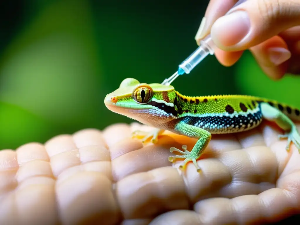 Un especialista en reptiles alimenta cuidadosamente a un gecko desnutrido