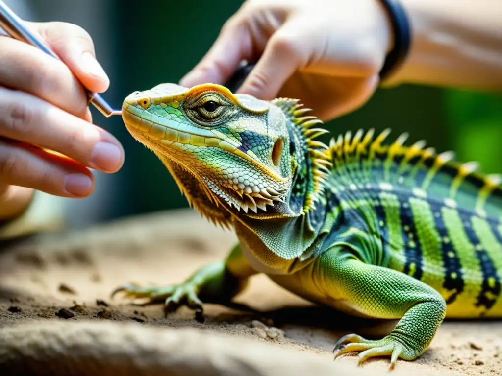 Un especialista en reptiles cuidadosamente alimenta a un reptil emaciado, mostrando compasión y experiencia