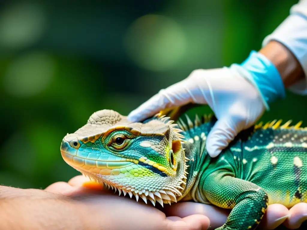 Un especialista en reptiles administra cuidadosamente medicación a un reptil convulsionando, mostrando precisión y seriedad en el tratamiento