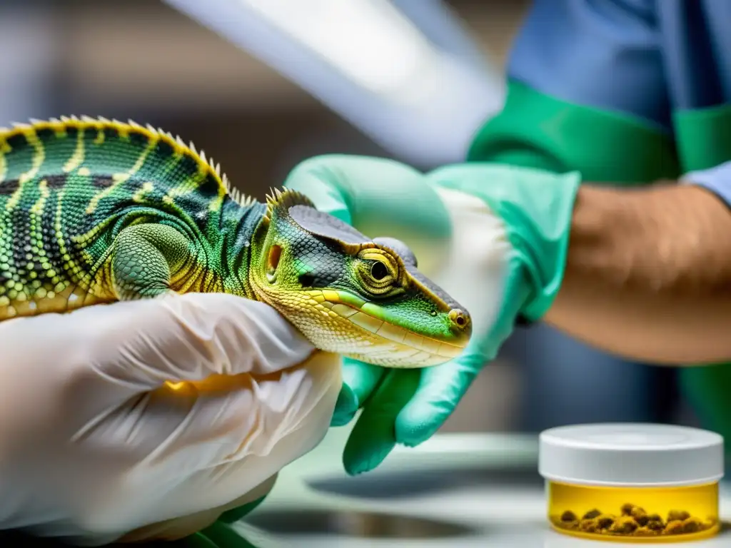 Un especialista veterinario aplica probióticos a un pequeño reptil, transmitiendo profesionalismo y cuidado especializado en la salud de los reptiles