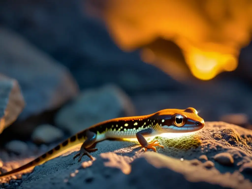 Especie de reptil cavernícola iluminada por una lámpara frontal, destacando sus adaptaciones únicas