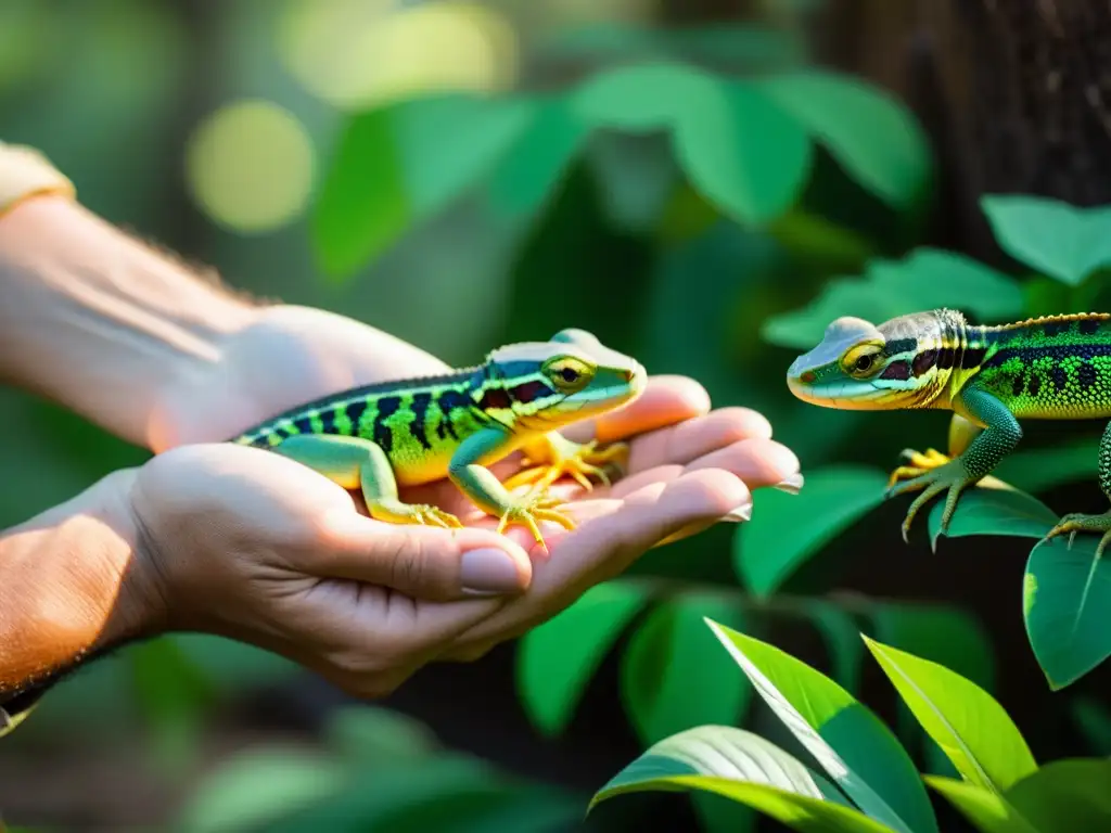 Conservación de especies de reptiles y anfibios: Equipo liberando cuidadosamente reptiles en su hábitat natural, evocando esperanza y dedicación