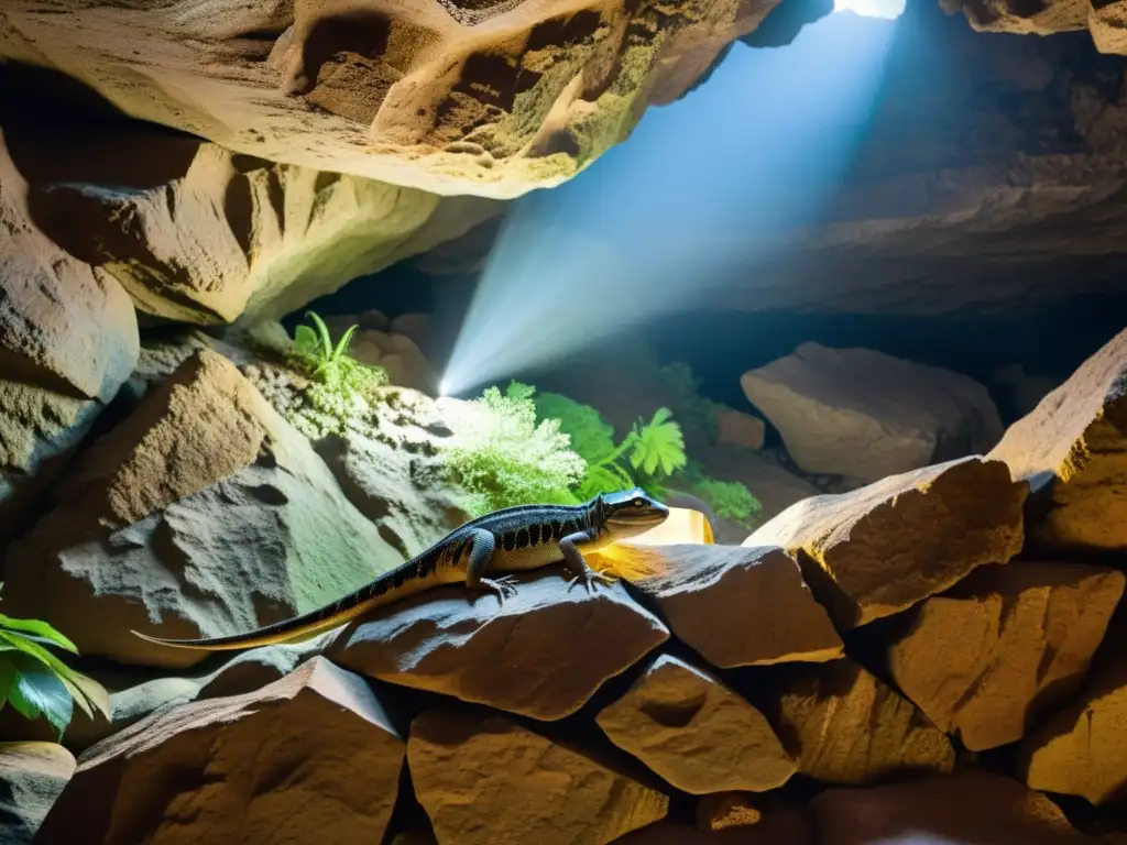 Especies de reptiles especializadas en cavernas camufladas en un ambiente rocoso iluminado, una escena cautivadora y envolvente