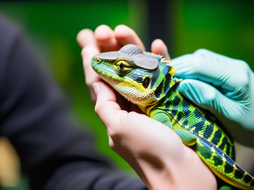 Zookeeper preservando especies de reptiles en zoos, cuidadosamente manipulando reptil en peligro, resaltando sus escalas y colores vibrantes