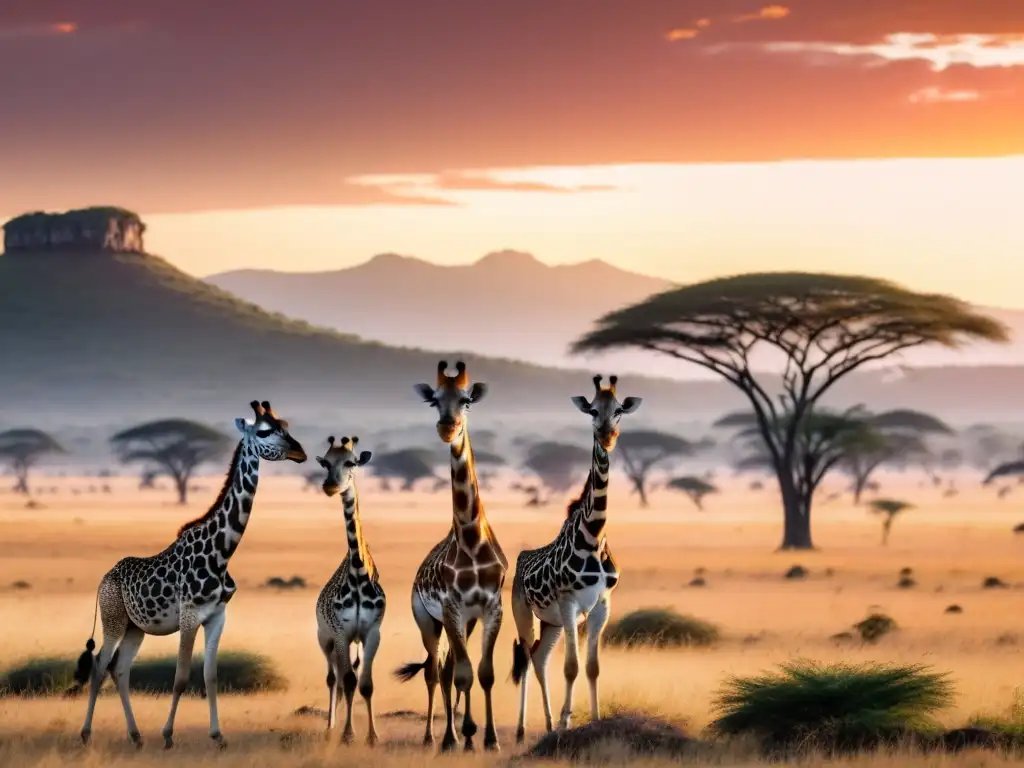 Espectacular sabana africana al atardecer, con jirafas, cebras y árboles