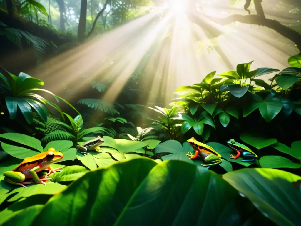 Selva tropical vibrante: biodiversidad y anfibios en su hábitat Espléndida selva tropical con anfibios, biodiversidad y luz filtrada