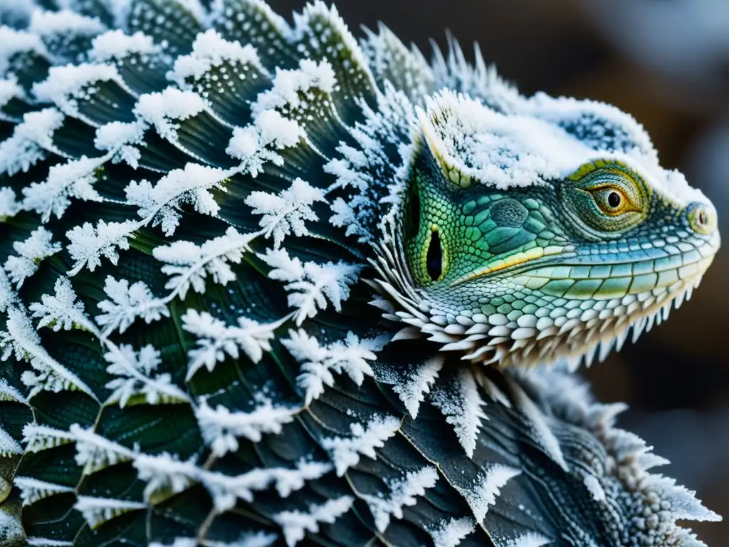 'Estrategias de hibernación en reptiles: Escamas cubiertas de escarcha en un ambiente invernal, mostrando la resilencia y adaptación de estos animales