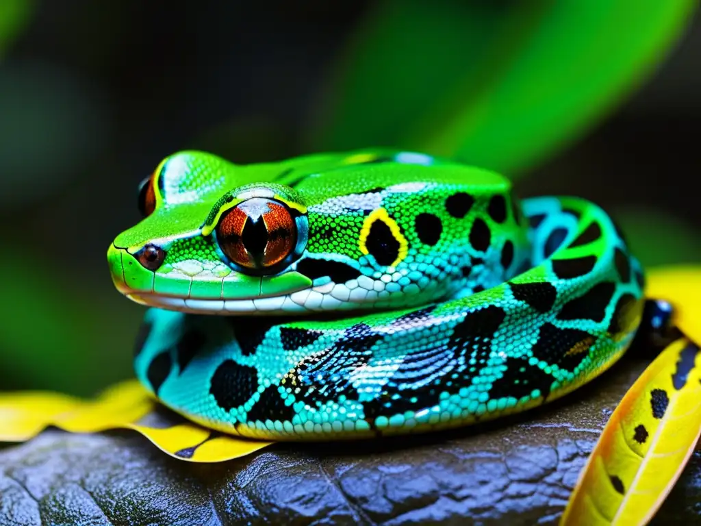 Estrecha simbiosis defensiva en reptiles: la pitón verde rodea con delicadeza a la rana dardo venenoso, resaltando sus patrones y texturas