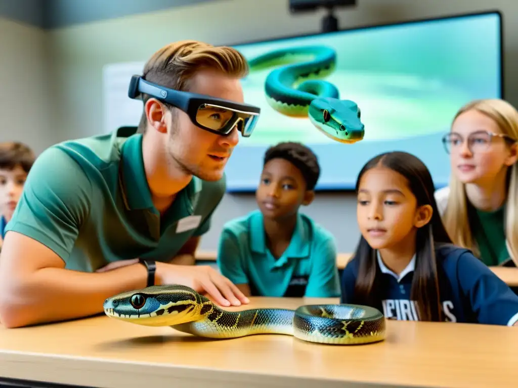 Estudiante usa gafas de realidad aumentada para interactuar con serpiente en aula