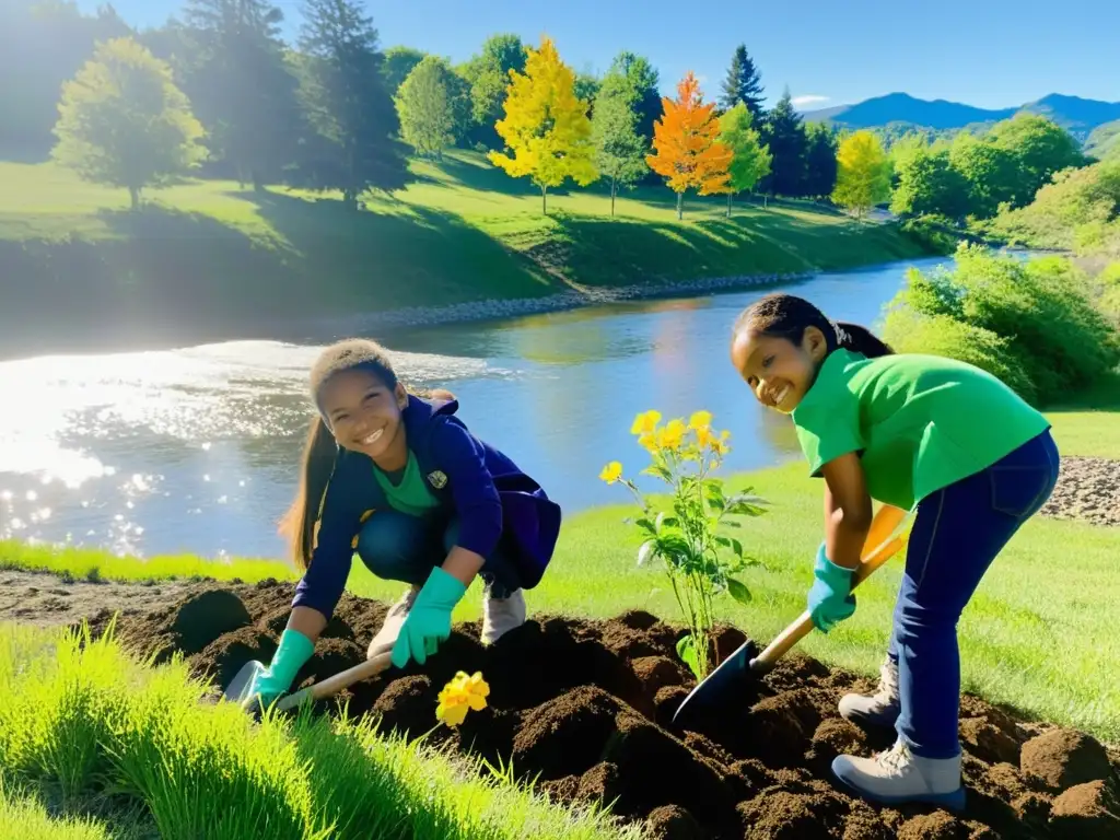 Estudiantes plantan árboles y flores junto al río, en una escena inspiradora de restauración de hábitats escolar