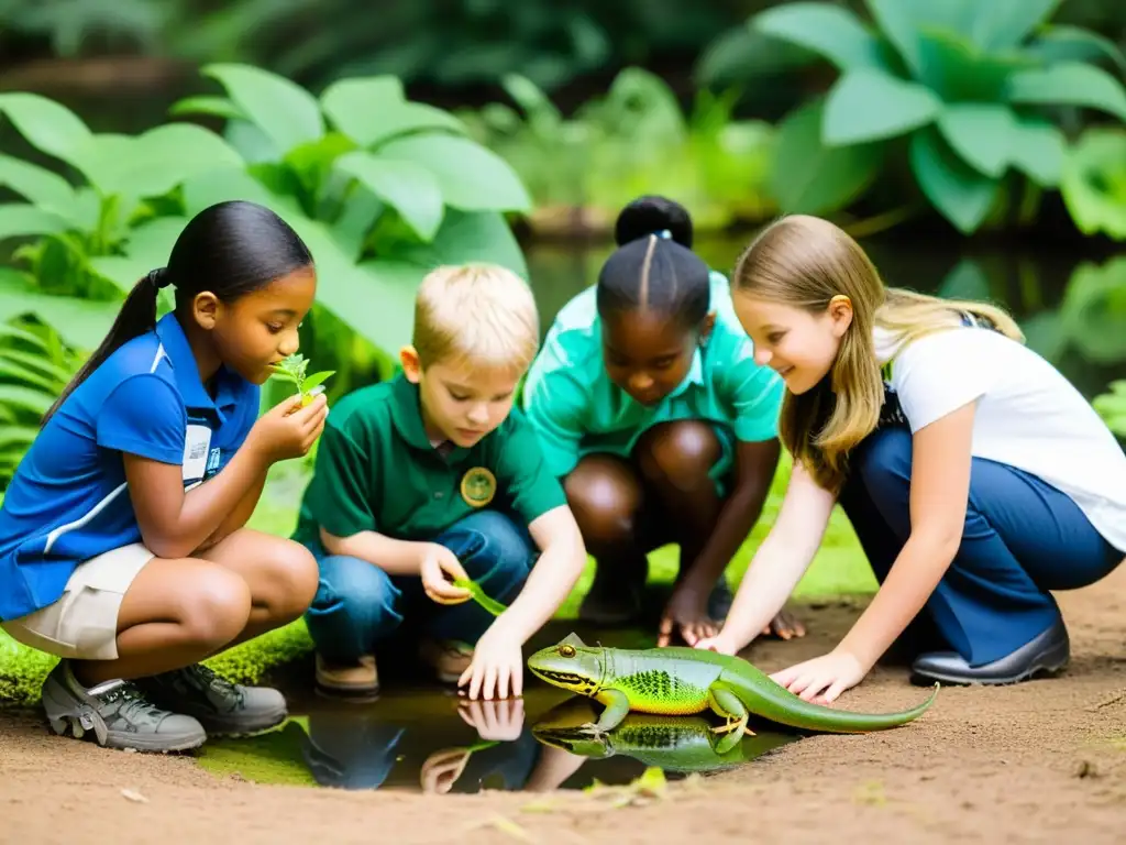 Estudiantes observan con asombro y curiosidad reptiles y anfibios en un entorno educativo sobre conservación