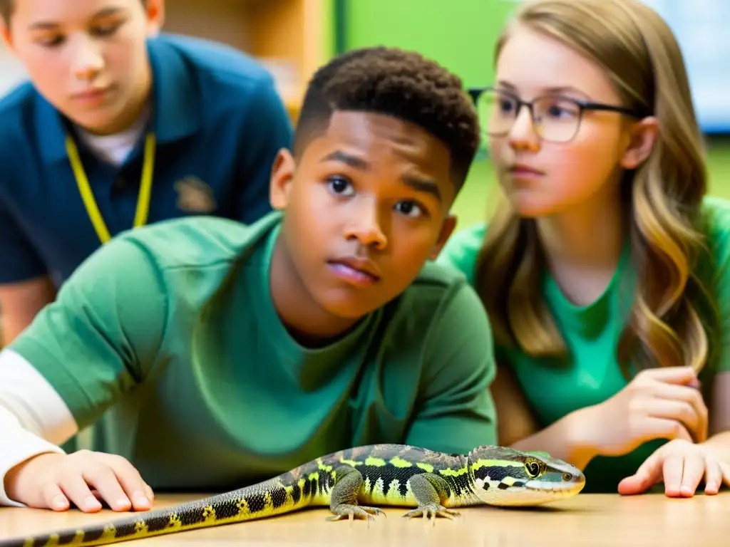 Estudiantes atentos observan reptiles en un aula bien iluminada, fomentando las regulaciones educativas sobre reptiles vivos