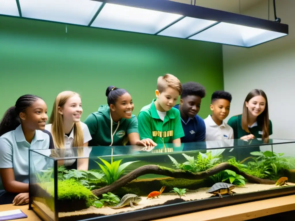 Estudiantes observan con entusiasmo un vivario en el aula, integración de herpetología en educación