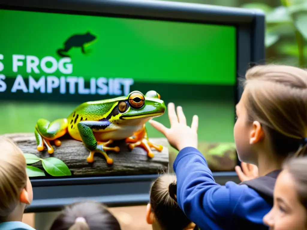 Estudiantes entusiastas rodean a un biólogo, viendo un documental sobre reptiles y anfibios