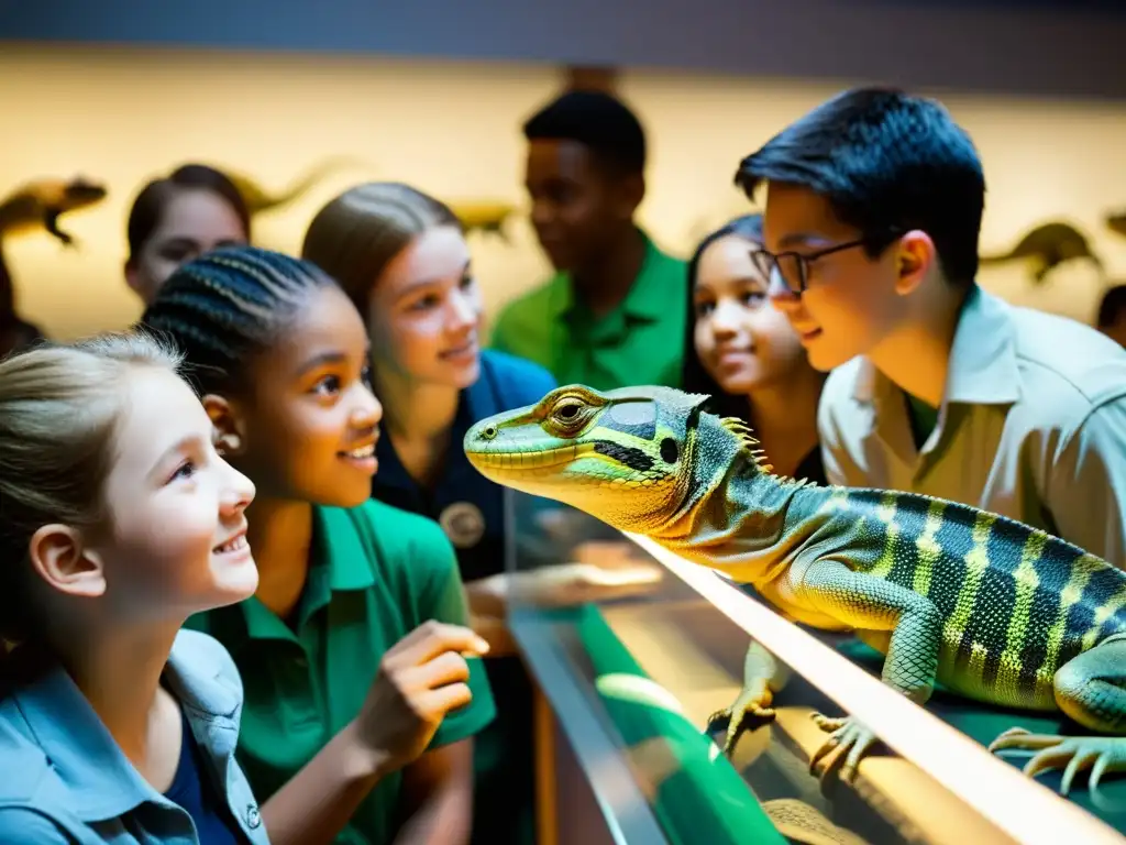 Estudiantes observan fascinados fotografías de reptiles educativas en museo de ciencias