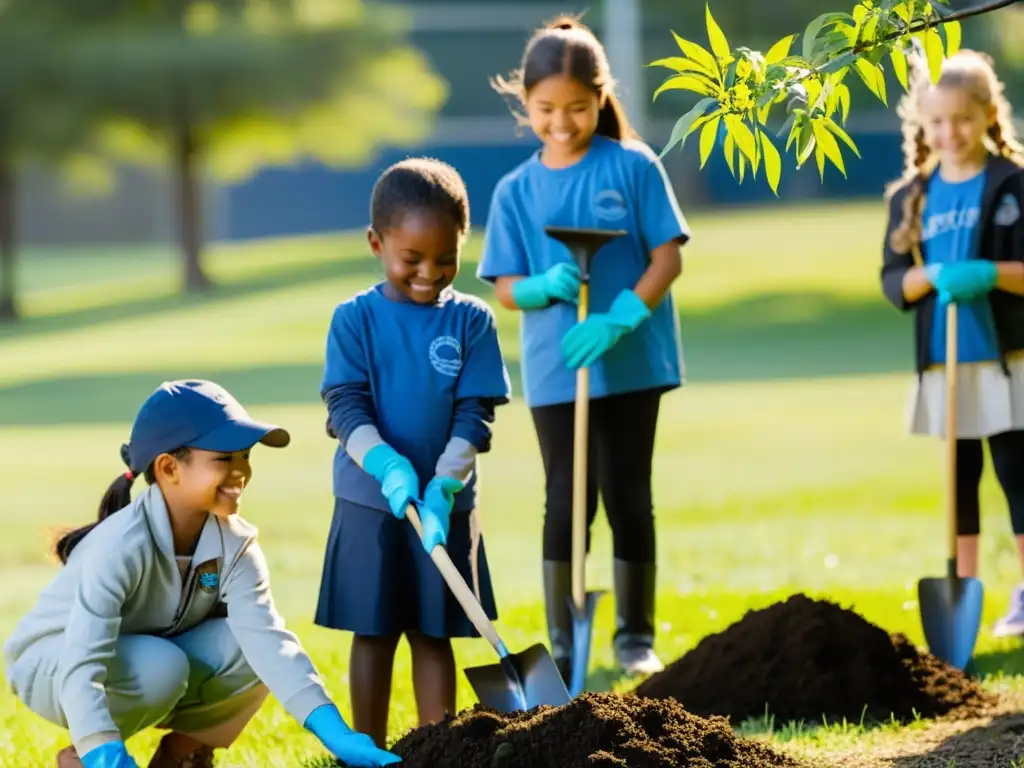 Estudiantes de primaria plantan árboles en una pradera, guiados por su maestro, en un proyecto de restauración de hábitats escolar