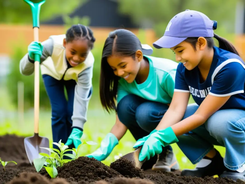 Estudiantes de primaria realizando restauración de hábitats escolar, plantando árboles y flores con cuidado en la escuela