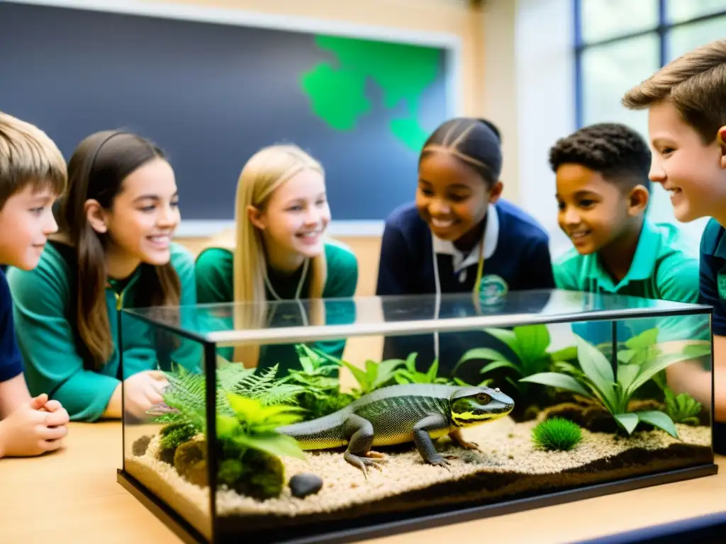 Estudiantes observan reptiles y anfibios en aula, integración de herpetología en educación