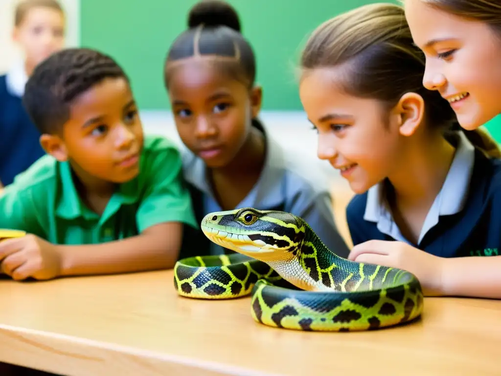 Estudiantes interactuando con reptiles en un aula bien iluminada