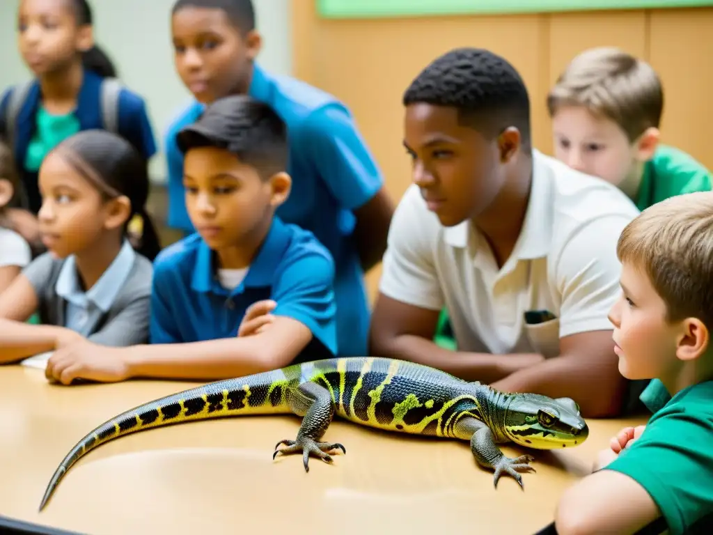 Estudiantes interactúan con reptiles en un aula, incorporando reptiles en el currículo escolar