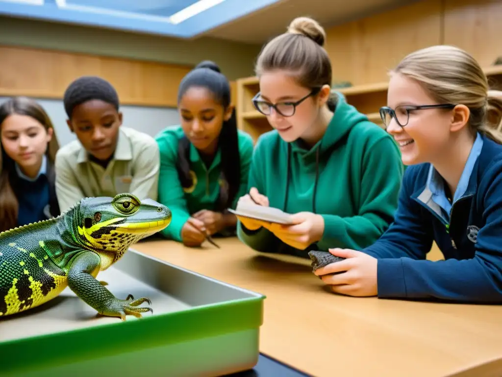 Estudiantes interactúan con reptiles en clase de herpetología con herramientas interactivas para educación herpetológica