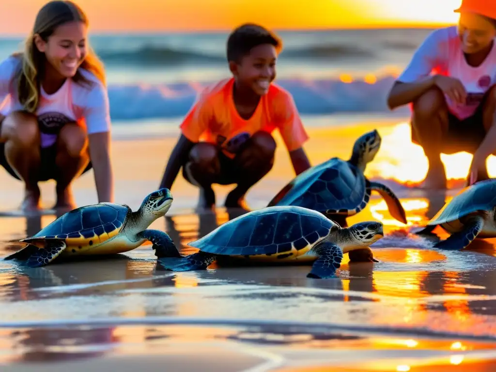 Estudiantes liberando tortugas al atardecer, reflejando el impacto de programas intercambio estudiantil conservación especies