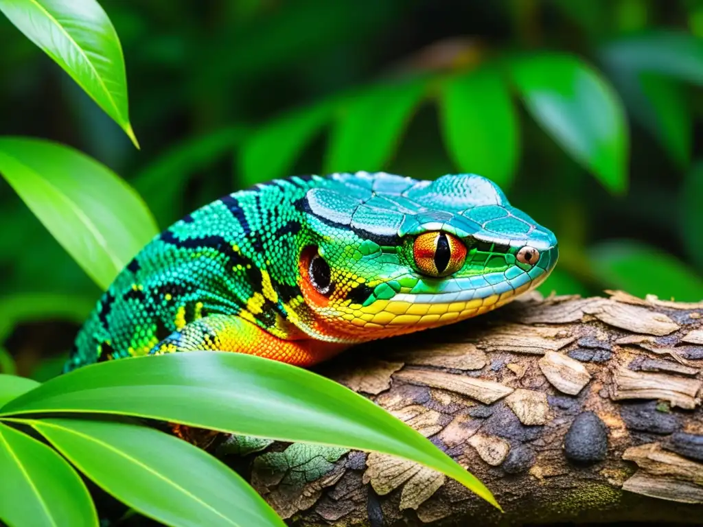 Estudio del comportamiento de reptiles con cámaras trampa en la selva tropical, imagen detallada de un reptil colorido entre la vegetación exuberante