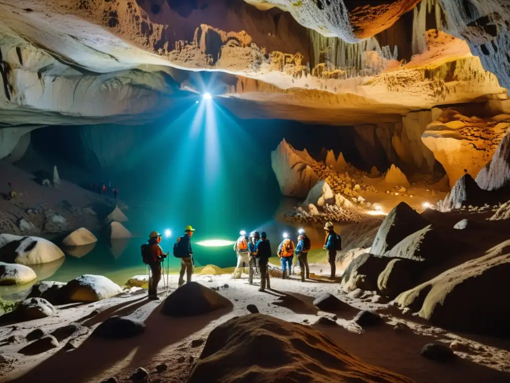 Exploración y estudios de campo en una caverna subterránea llena de reptiles y formaciones geológicas, iluminada por luz natural