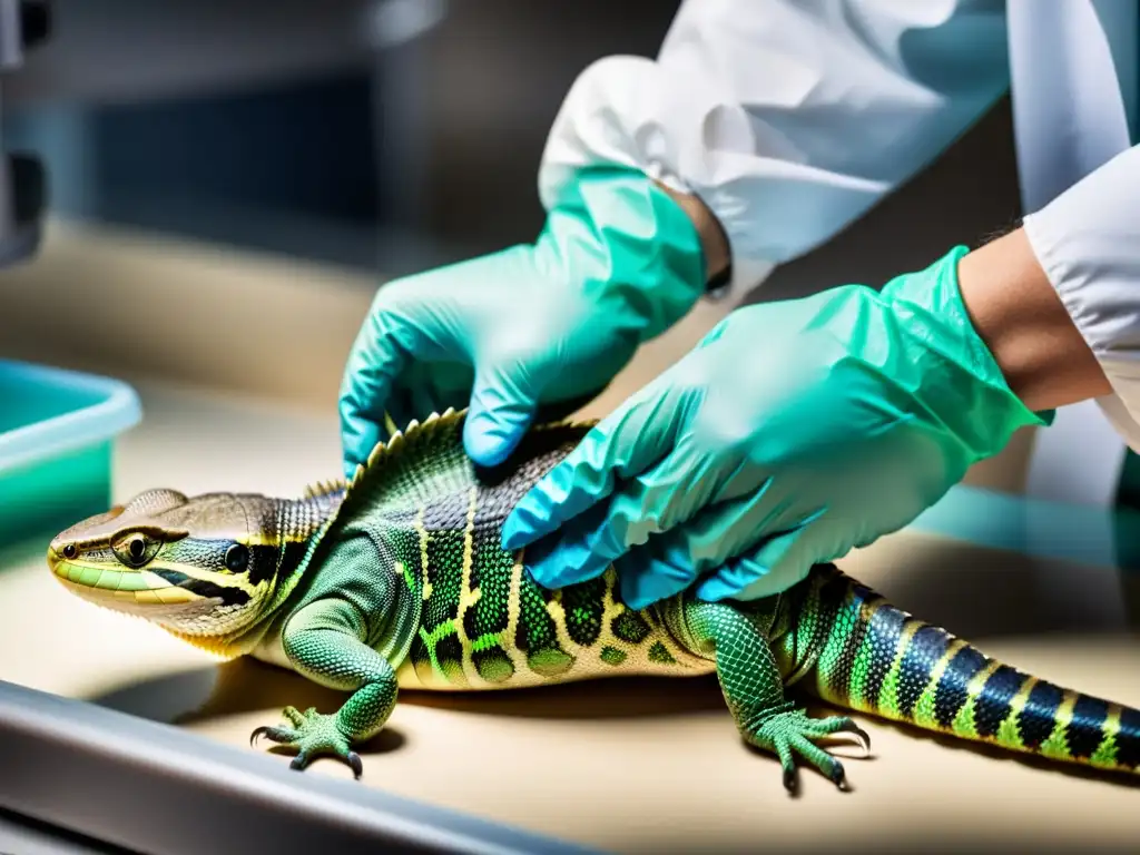 Examen detallado de reptil en clínica veterinaria