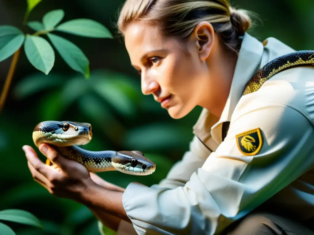 Experiencia serena: persona maneja serpiente con respeto en su hábitat natural