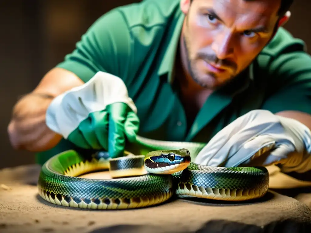 Un experimentado manejador de serpientes, con guantes protectores, manipula con herramientas especializadas una serpiente grande y agresiva