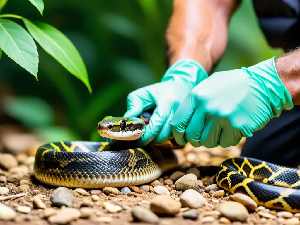 Un experto maneja con cuidado la agresividad de un reptil reproductor, mostrando sus vibrantes colores y su hábitat natural