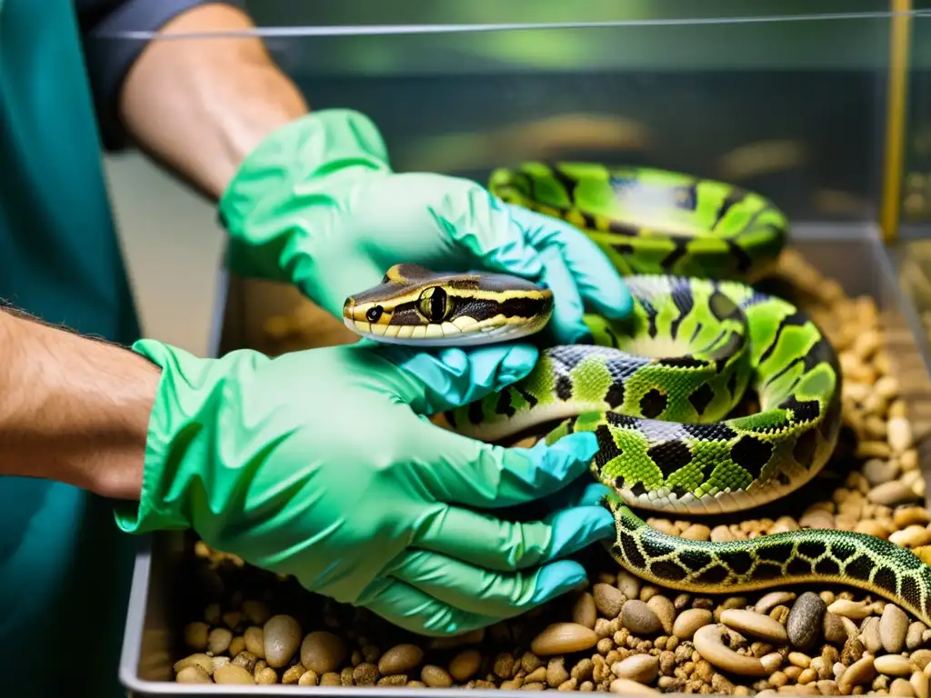 Un experto maneja con cuidado un reptil, destacando textura y patrones