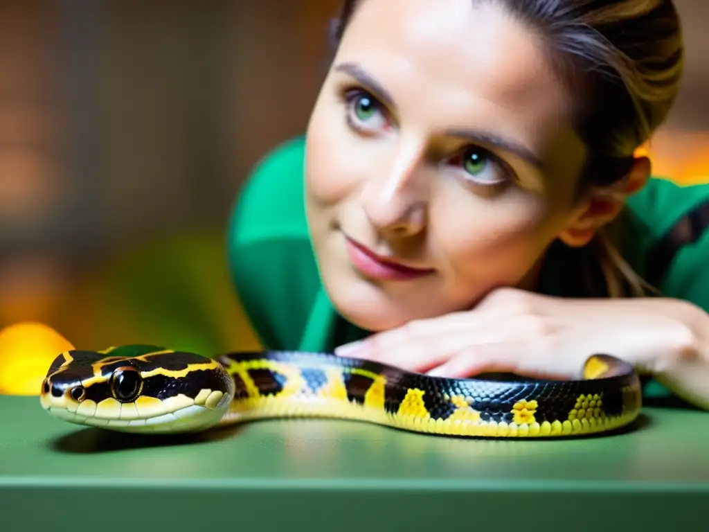 Un experto cuidador maneja con precisión una serpiente vibrante, exhibiendo los desafíos del mantenimiento de serpientes en zoológicos