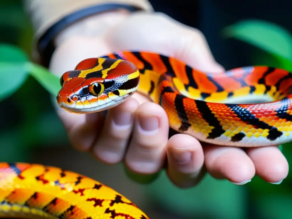 Un experto herpetólogo cuidadosamente maneja una serpiente maíz roja y amarilla en cautiverio, demostrando cuidado y profesionalismo durante el otoño