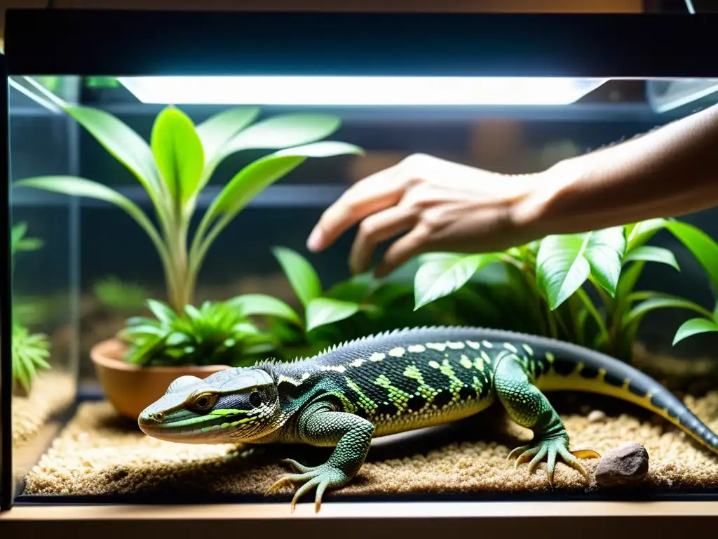 Un experto en manejo efectivo cría lagartos monitor, detalladamente ambientando un terrario con luz natural cálida