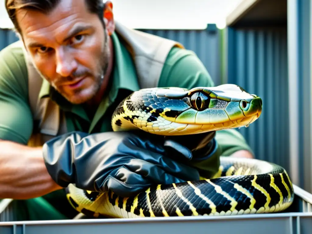 Un experto en manejo de reptiles con comportamiento agresivo manipula con cuidado una serpiente grande y agresiva, mostrando concentración y destreza