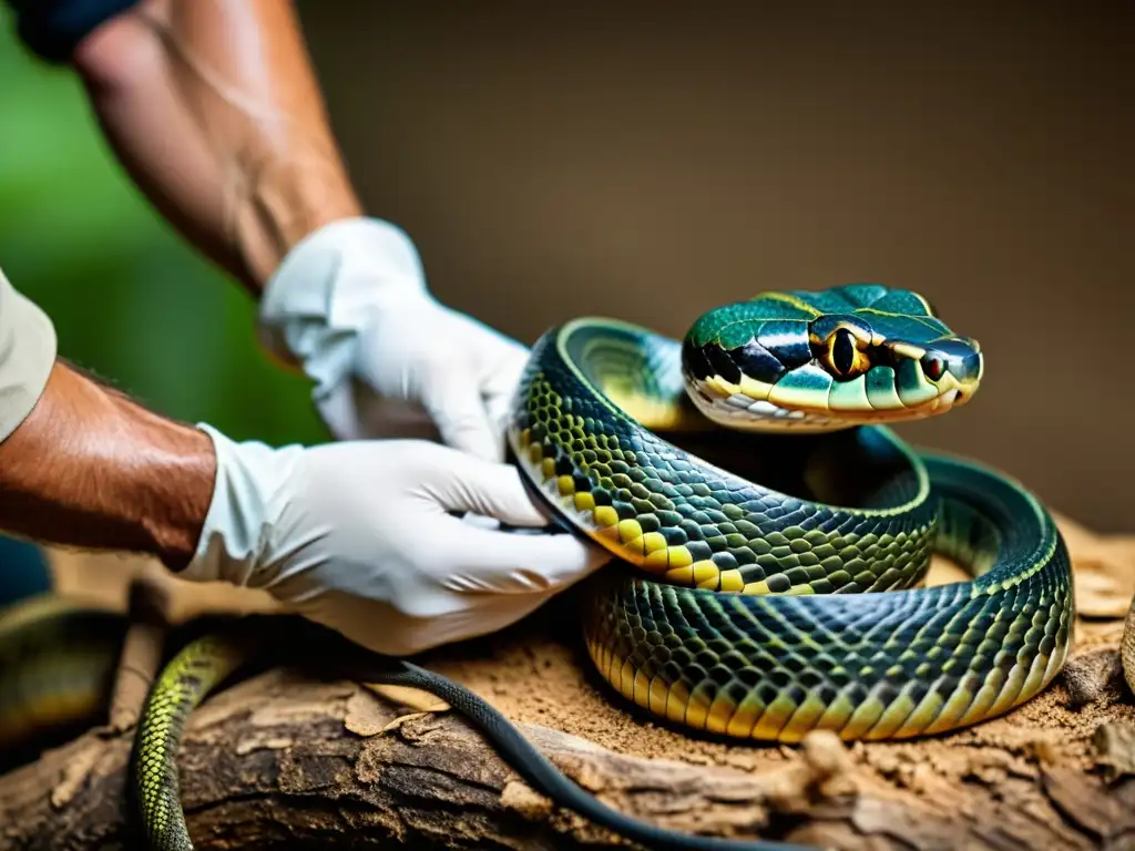 Un experto en manejo de reptiles con comportamiento agresivo manipula con cuidado una serpiente venenosa, mostrando la concentración necesaria