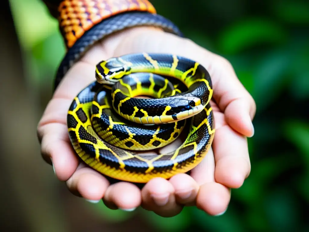 Un experto en manejo seguro de serpientes cautiverio sostiene con cuidado una serpiente hermosamente patroneada, demostrando respeto mutuo