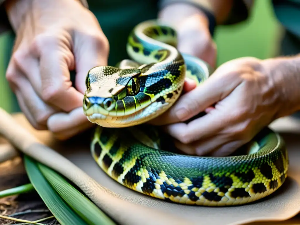 Un experto cuidadosamente realiza primeros auxilios para reptiles heridos, mostrando compasión y habilidad en el manejo de la situación