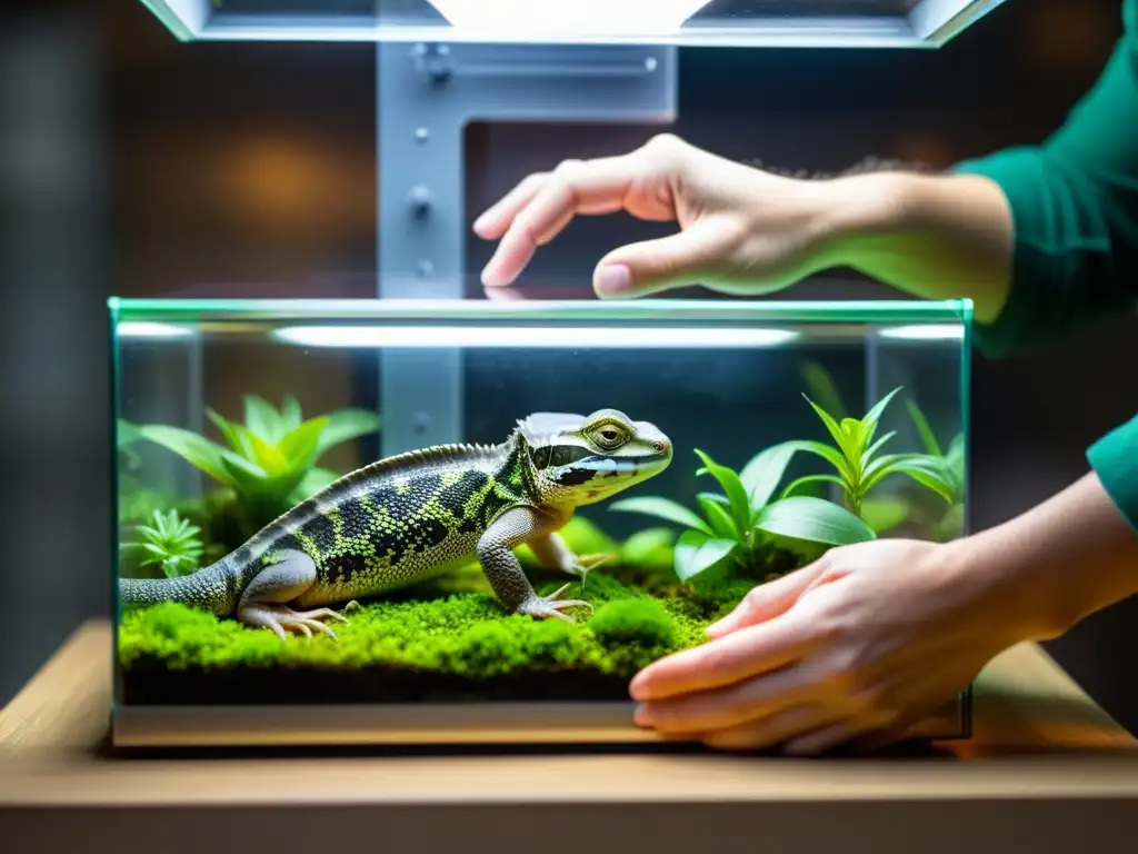 Un experto cuida con precisión a un reptil en un terrario durante el invierno para prevenir la hipotermia