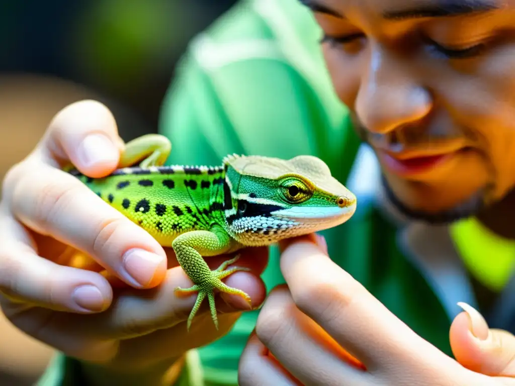 Un experto en reptiles examina con cuidado a un bebé lagarto, resaltando la precisión y delicadeza en la cría