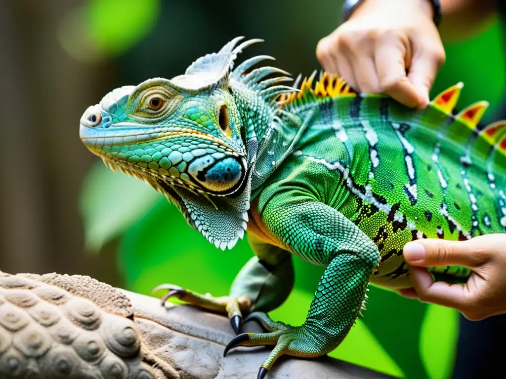 Un experto en reptiles guía con cuidado a una iguana verde a través de obstáculos, mostrando la socialización de reptiles