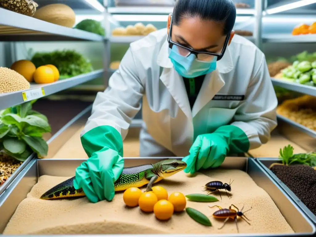 Un experto en reptiles inspecciona con cuidado insectos, frutas y verduras