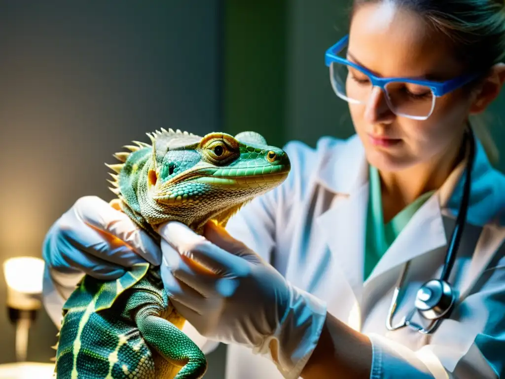 Un experto en reptiles examina con cuidado a un reptil enfermo en una clínica veterinaria